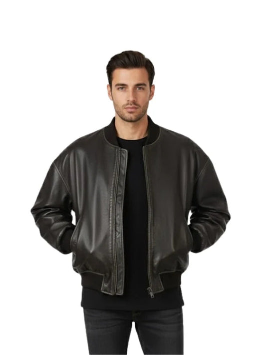 Man wearing a black leather jacket on a white background