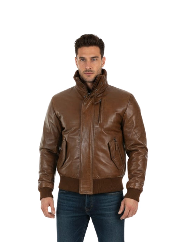 Men's Brown Fashion Stylish Classic Hooded Puffer Bomber Retro Aviator Motorcycle Jacket