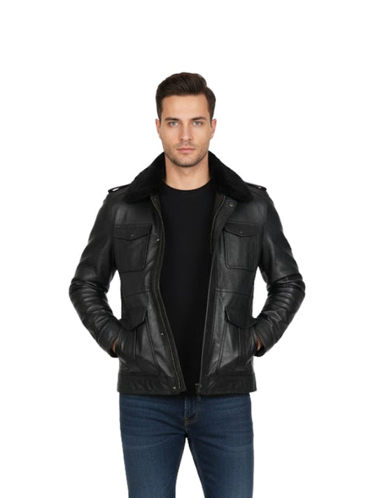 Men's Faux Leather Shearling Black Bomber Jacket