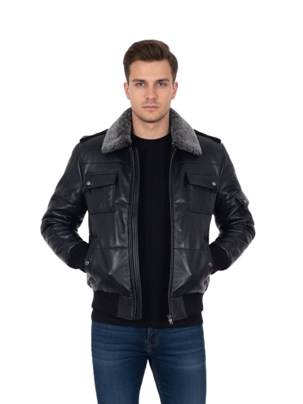 Men's Fur Windproof Air Force Puffer Black Leather Jacket