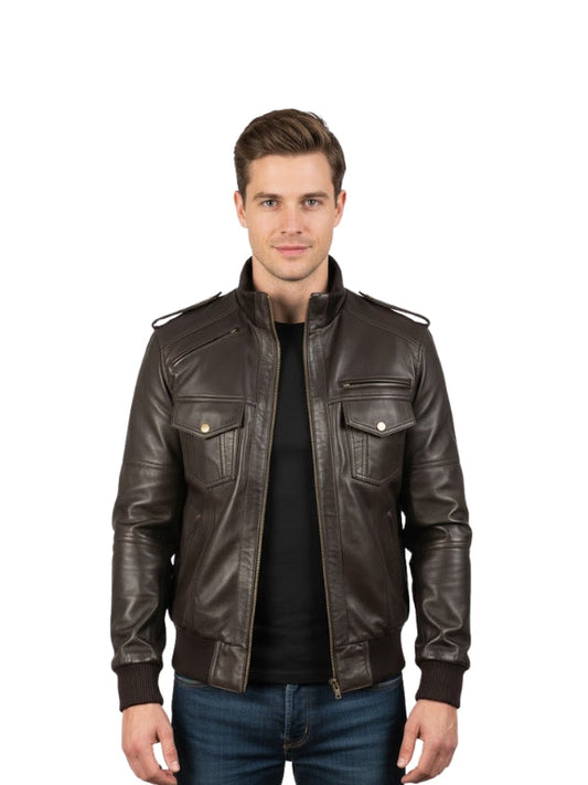 Men's Real Sheepskin Quilted Brown Bomber Leather Jacket