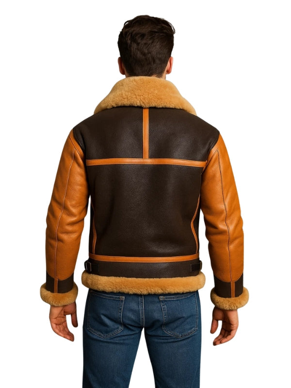 Men's Brown Aviator RAF B3 Real Sheepskin Faux Shearing Bomber Leather Jacket