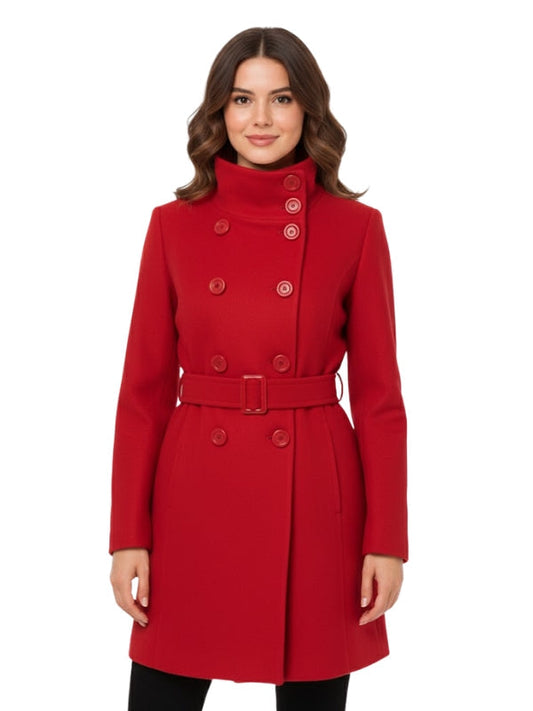 Woman wearing a red coat on a white background