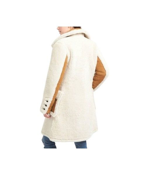 Women's White And Brown Double Breasted Shearling Leather Coat